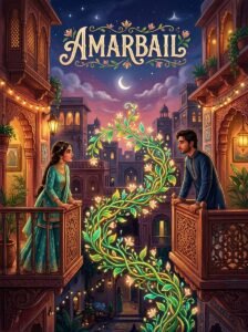 Amarbail Urdu novel by Umera Ahmed cover showing Umer and Aleezay standing apart in a Lahore haveli courtyard