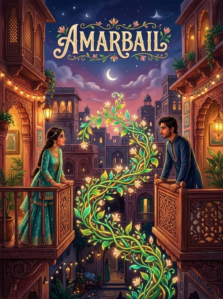 Amarbail Urdu novel by Umera Ahmed cover showing Umer and Aleezay standing apart in a Lahore haveli courtyard