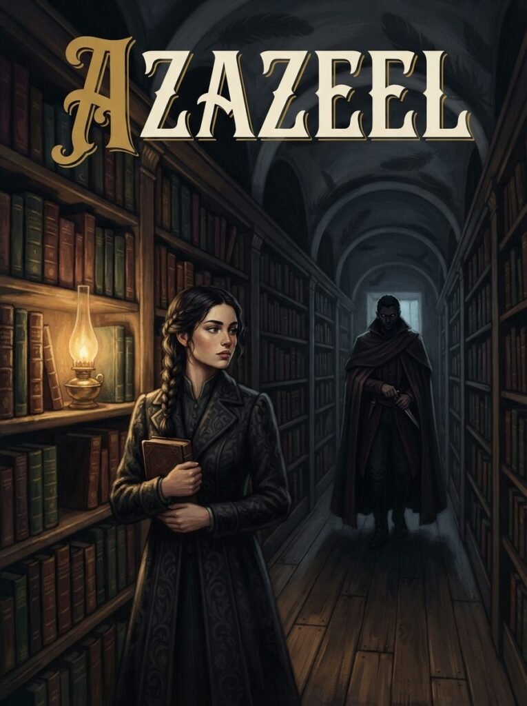 Azazeel Urdu novel by Rabia Khan cover showing librarian Nazneen standing in a library corridor