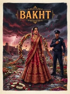 Bakht Urdu novel by Mehrunisa Shahmeer cover showing Halay in bridal dress with police officer Umer behind her