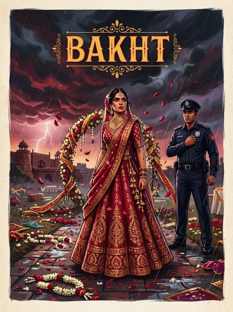 Bakht Urdu novel by Mehrunisa Shahmeer cover showing Halay in bridal dress with police officer Umer behind her