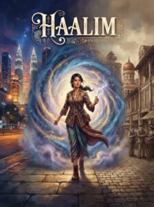 Haalim Urdu novel by Nimra Ahmed cover showing Talia standing in a glowing portal
