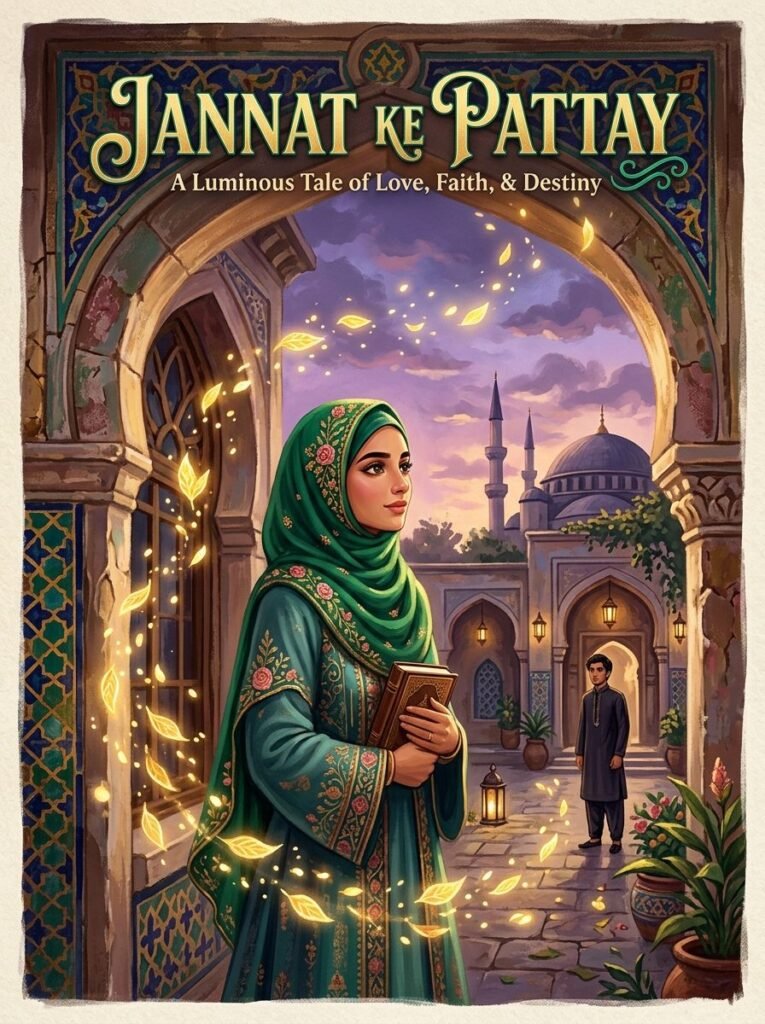 Jannat Ke Pattay Urdu novel by Nimra Ahmed cover showing Haya in hijab in an Istanbul courtyard