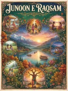 Junoon e Raqsam Urdu novel by Anushy Ahmed cover showing couples across Kashmir Valley scenes