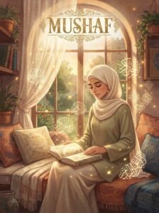 Mushaf Urdu novel by Nimra Ahmed cover showing Mehmal sitting by a sunlit window