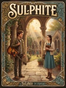 Sulphite Urdu novel by Noor Rajpoot cover showing RJ with a guitar and Hanam holding a book in a courtyard