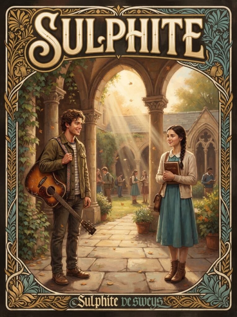 Sulphite Urdu novel by Noor Rajpoot cover showing RJ with a guitar and Hanam holding a book in a courtyard