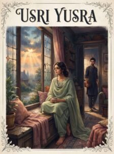 Usri Yusra Urdu novel by Husna Hussain cover showing Jannat sitting quietly by a window