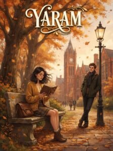 Yaram Urdu novel by Sumaira Hameed cover showing Amarha reading near a lamppost