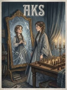 Aks Urdu novel by Umera Ahmed cover showing a woman standing before an antique mirror