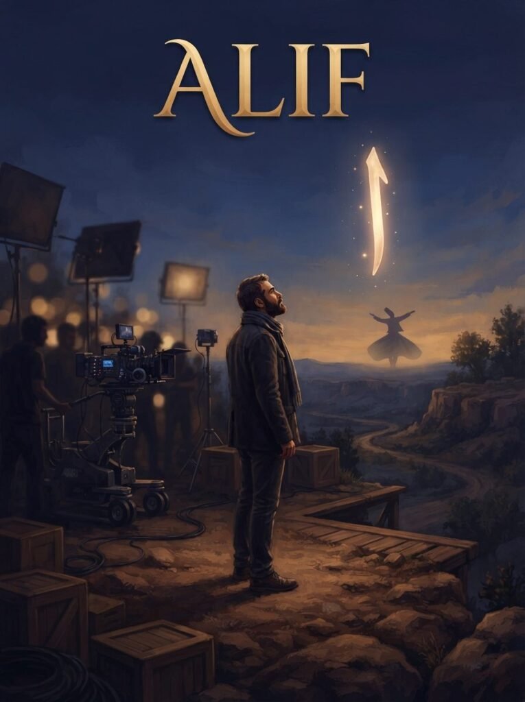 Alif Urdu novel by Umera Ahmed cover showing Qalb e Momin standing near a film set