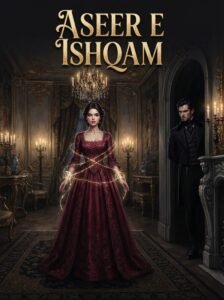 Aseer e Ishqam Urdu novel by Areej Shah cover showing the heroine standing as Shah Veer watches