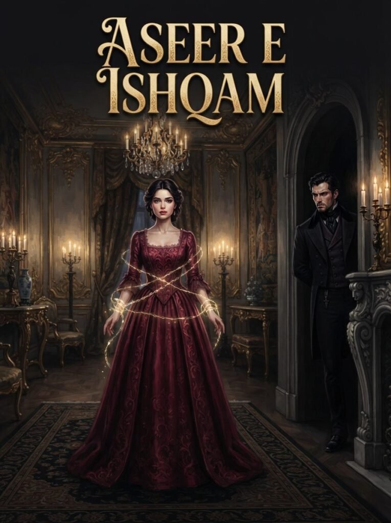 Aseer e Ishqam Urdu novel by Areej Shah cover showing the heroine standing as Shah Veer watches