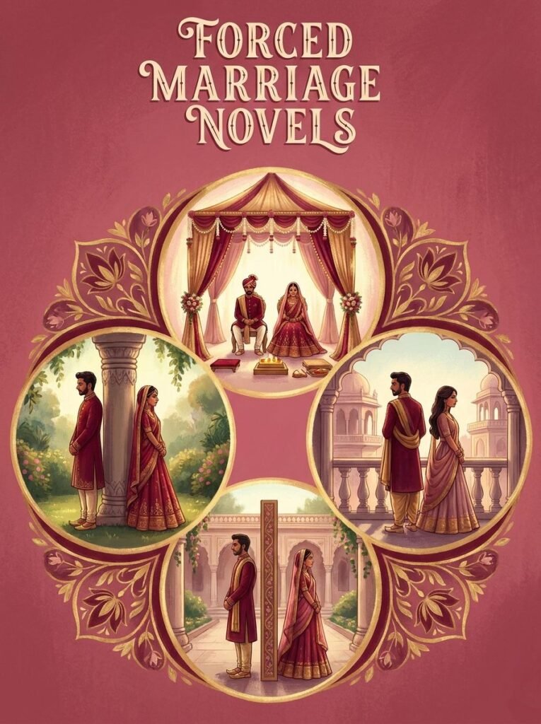 Guide to Mirha Shah's forced marriage Urdu novels showing couples at a wedding setting