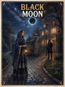 Black Moon Urdu novel by Nisha Umar cover showing Ushwa standing beneath a black moon