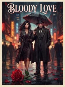 Bloody Love Urdu novel by Wahiba Fatima cover showing a woman and a gangster standing in the rain