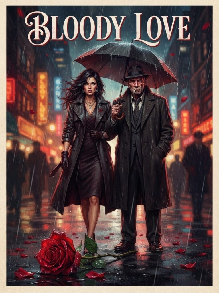 Bloody Love Urdu novel by Wahiba Fatima cover showing a woman and a gangster standing in the rain