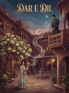 Dar e Dil Urdu novel by Nabila Aziz cover showing Dilawar and Alizeh standing together in a haveli courtyard