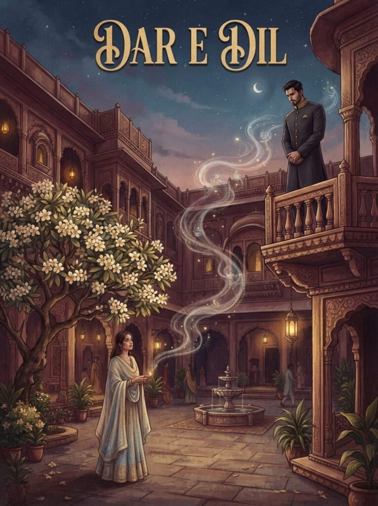 Dar e Dil Urdu novel by Nabila Aziz cover showing Dilawar and Alizeh standing together in a haveli courtyard