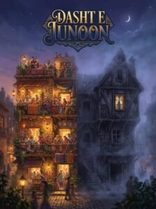 Dasht e Junoon Urdu novel by Amna Riaz cover showing two buildings at dusk
