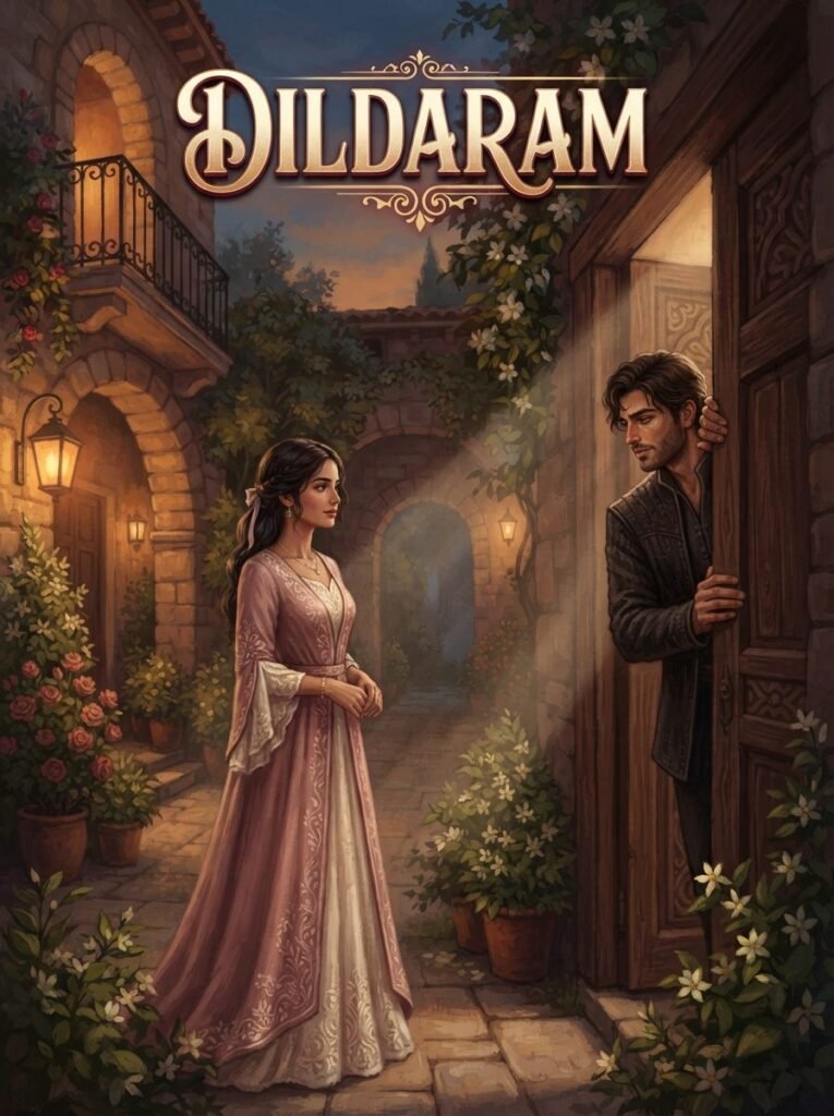 Dildaram Urdu novel by Areej Shah cover showing Dildaram standing as a man watches from a doorway