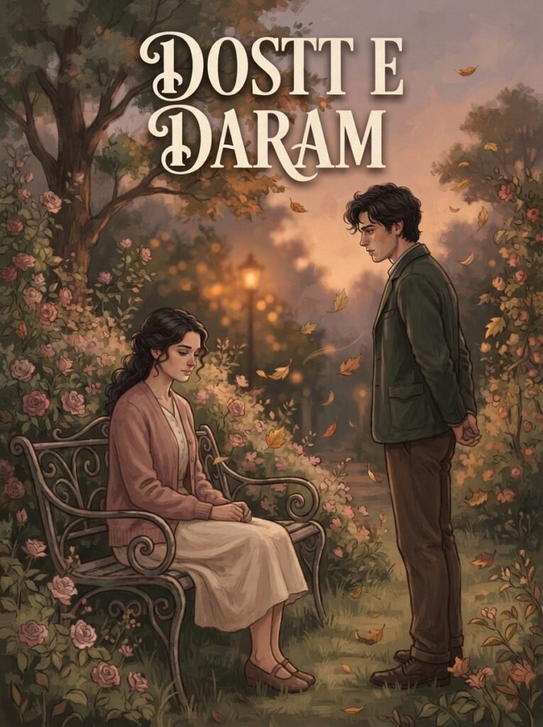 Dostt e Daram Urdu novel by Areej Shah cover showing Meesha and Raheel sitting together on a bench