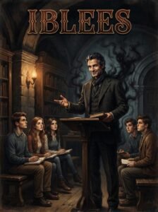 Iblees Urdu novel by Nimra Ahmed cover showing a professor addressing students in a lecture hall