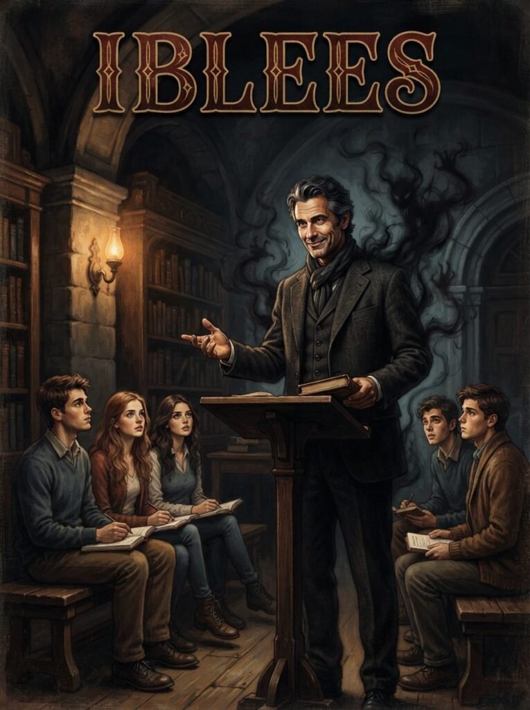Iblees Urdu novel by Nimra Ahmed cover showing a professor addressing students in a lecture hall
