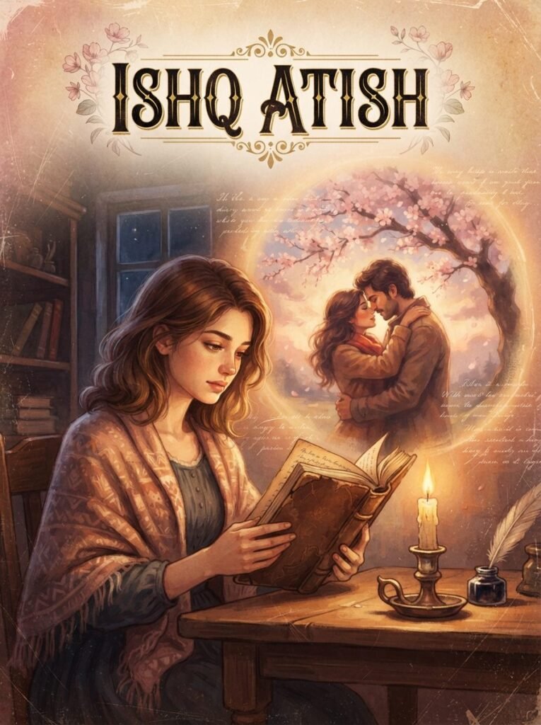 Ishq Atish Urdu novel by Sadia Rajpoot cover showing Tania reading her mother's diary by candlelight