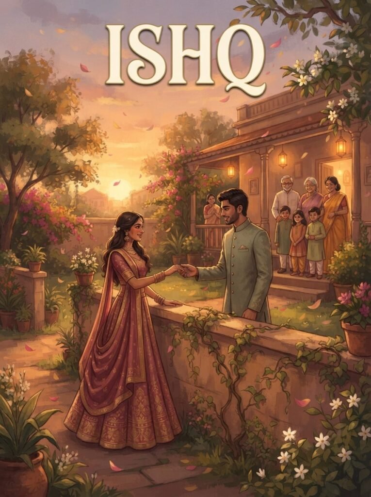 Ishq Urdu novel by Areej Shah cover showing a couple reaching for each other across a garden wall