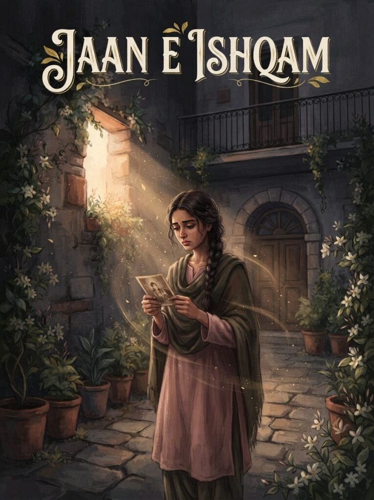 Jaan e Ishqam Urdu novel by Areej Shah cover showing Guriya holding a photograph in a courtyard