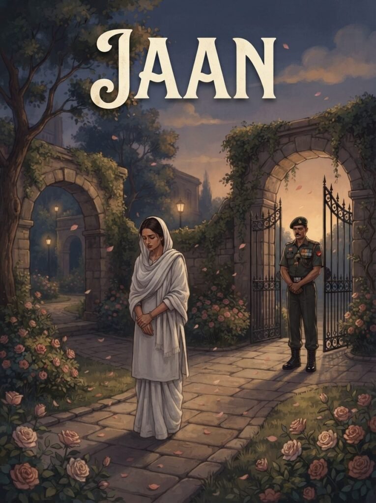 Jaan Urdu novel by Shaheena Chanda Mehtab cover showing the widow Ayesha beside Major Shadab