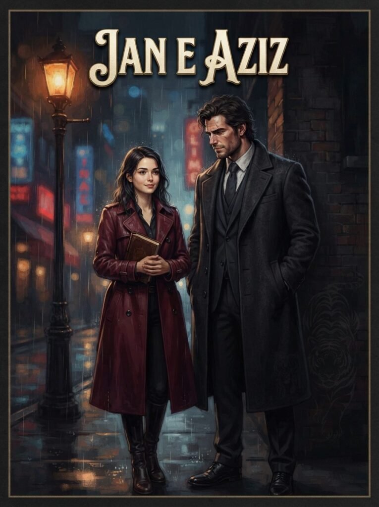 Jan e Aziz Urdu novel by Soni Mirza cover showing Aziz and Mahnoor standing together