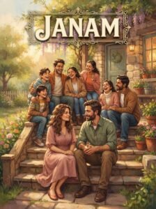 Janam Urdu novel by Laiba Nasir cover showing four siblings gathered together on the steps of their family home