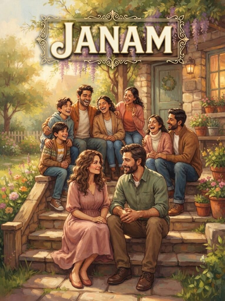 Janam Urdu novel by Laiba Nasir cover showing four siblings gathered together on the steps of their family home