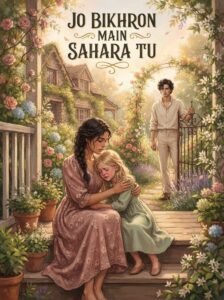 Jo Bikhron Main Sahara Tu Urdu novel by Meerab Hayat cover showing two sisters sitting on a veranda