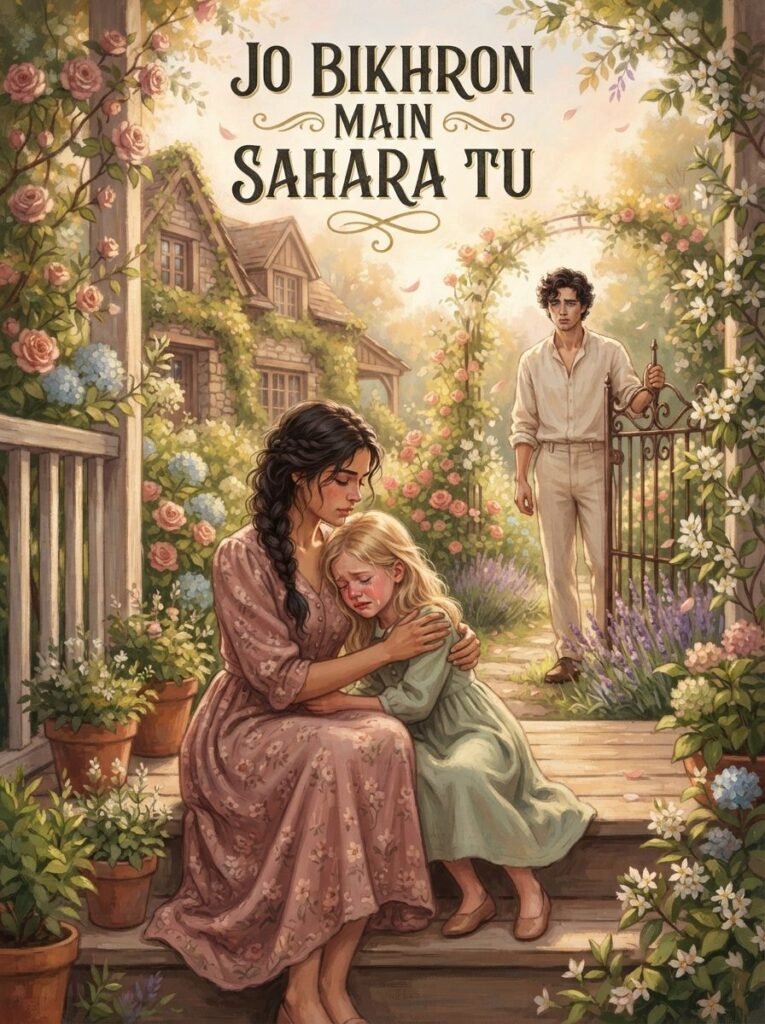 Jo Bikhron Main Sahara Tu Urdu novel by Meerab Hayat cover showing two sisters sitting on a veranda