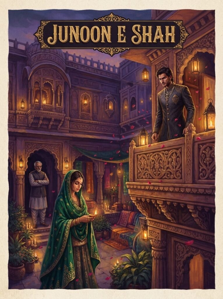 Junoon e Shah Urdu novel by Hayat Sikandar cover showing Shahzain looking at the heroine