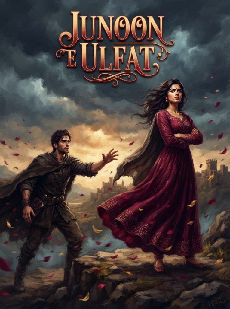Junoon e Ulfat Urdu novel by Mehwish Ali cover showing Imran reaching toward Amber