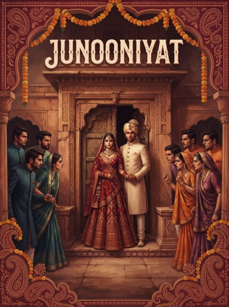 Junooniyat Urdu novel by Areej Shah cover showing Amaya as a Vani bride beside Zaryam