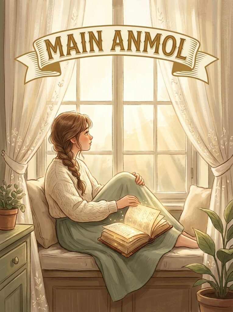 Main Anmol Urdu novel by Nimra Ahmed cover showing Anmol reading a book indoors