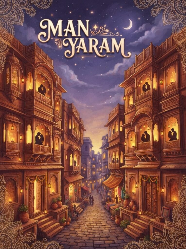 Man Yaram Urdu novel by Maha Gul cover showing couples across two village havelis