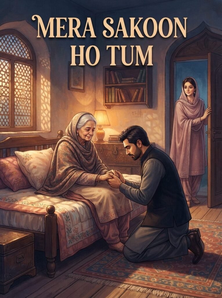 Mera Sakoon Ho Tum Urdu novel by Meerab Hayat cover showing Zarkhan asking his elderly stepmother for forgiveness