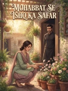 Mohabbat Se Ishq Ka Safar Urdu novel by Ayesha Malik cover showing Zohaib watching Ayesha in the garden