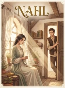 Nahl Urdu novel by Fatima Noor cover showing Nahl holding prayer beads