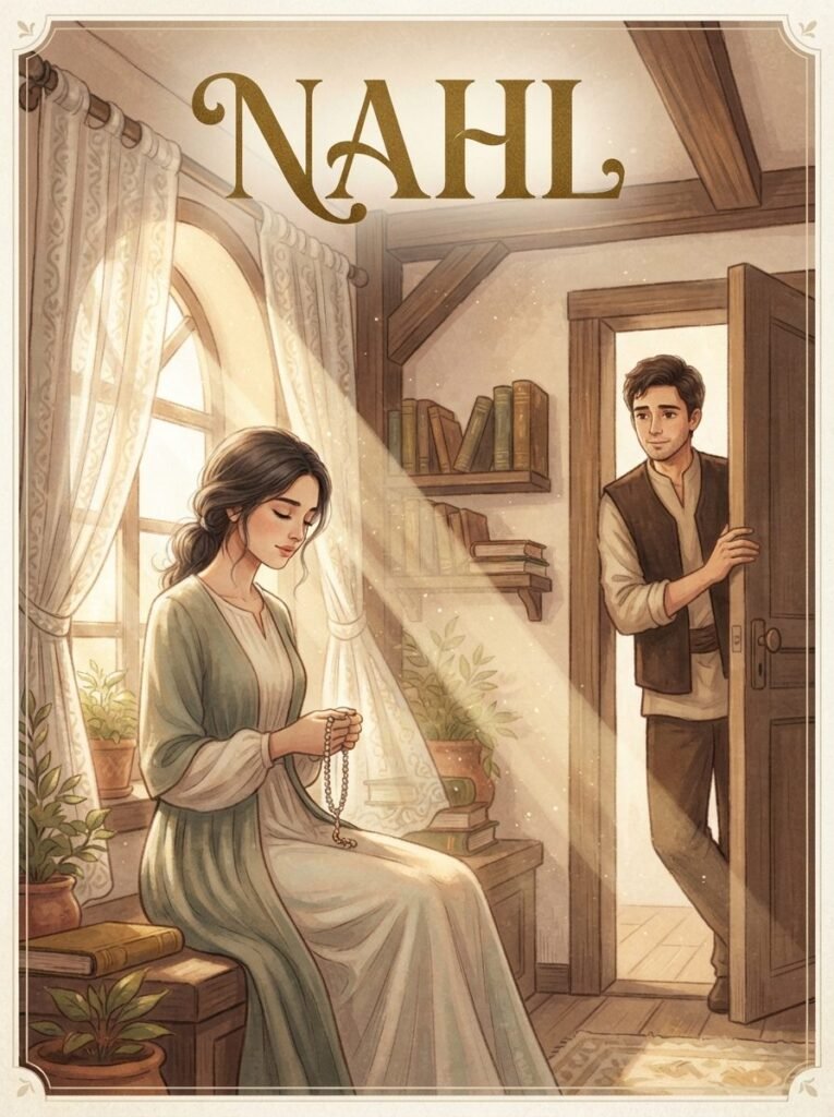 Nahl Urdu novel by Fatima Noor cover showing Nahl holding prayer beads