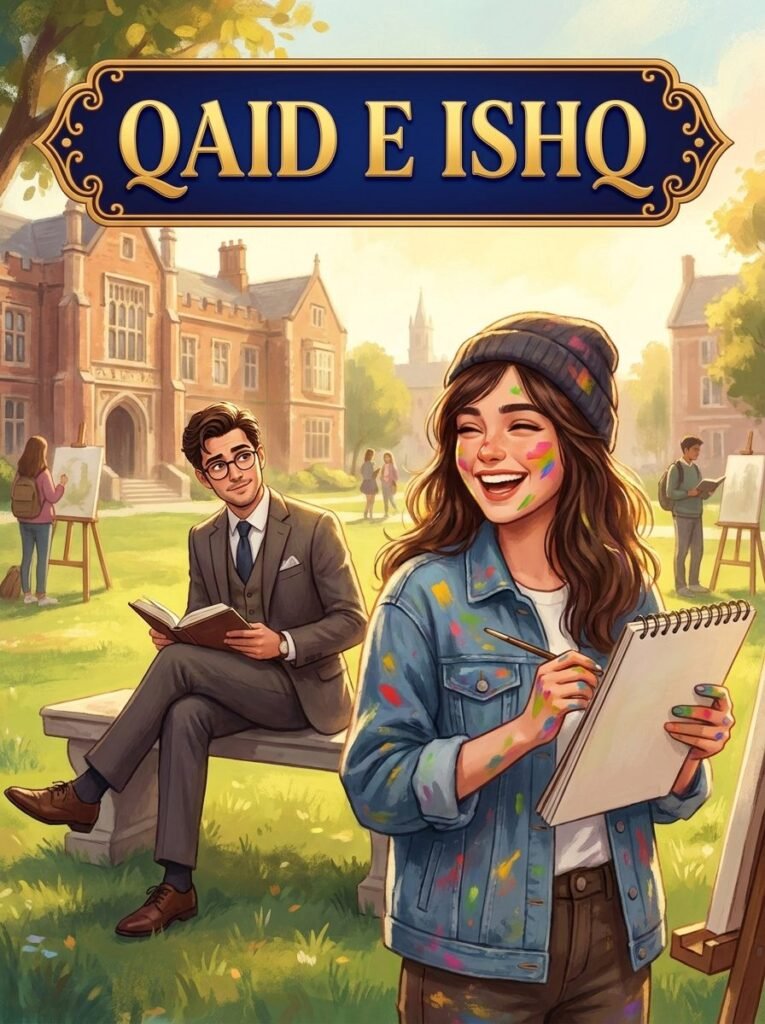 Qaid e Ishq Urdu novel by Yaman Eva cover showing art student Parahine laughing on a university lawn