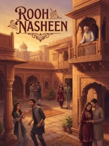 Rooh Nasheen Urdu novel by S Merwa Mirza cover showing four couples and the haveli patriarch gathered in a courtyard