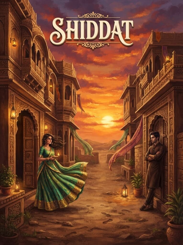 Shiddat Urdu novel by Meerab Hayat cover showing a couple facing each other in a haveli courtyard