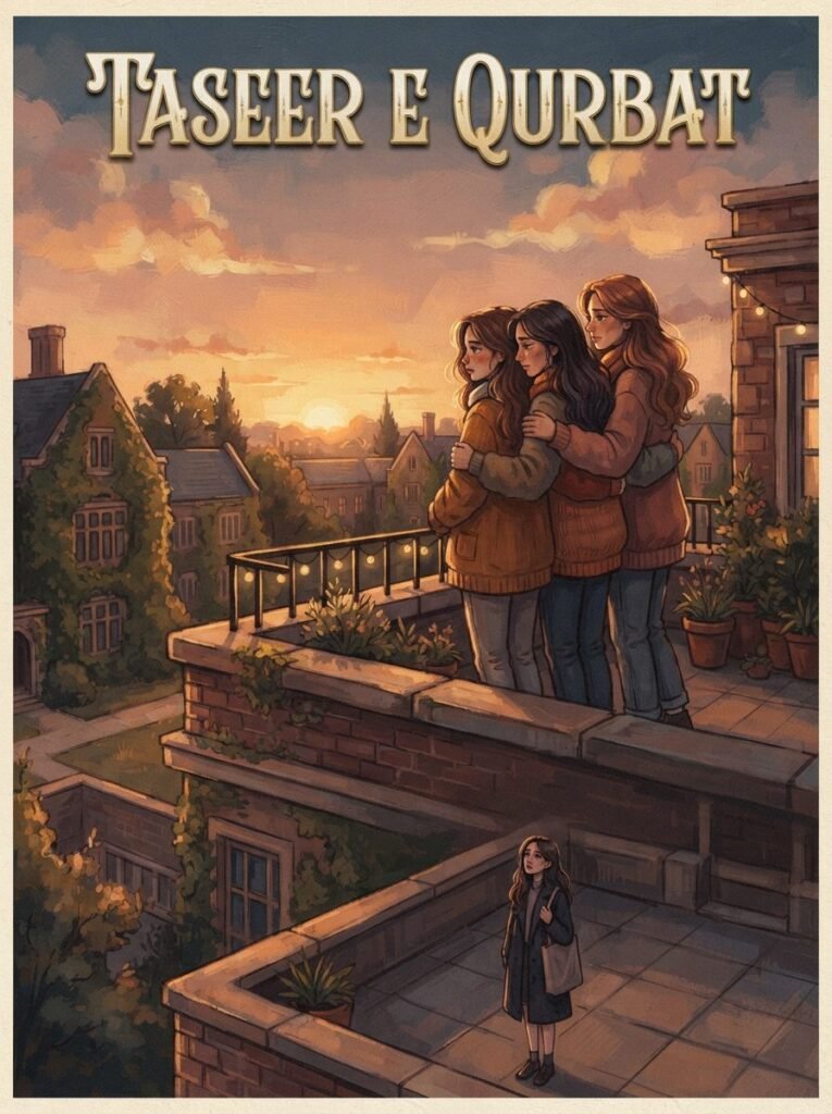 Taseer e Qurbat Urdu novel by Suneha Rauf cover showing three friends standing on a rooftop